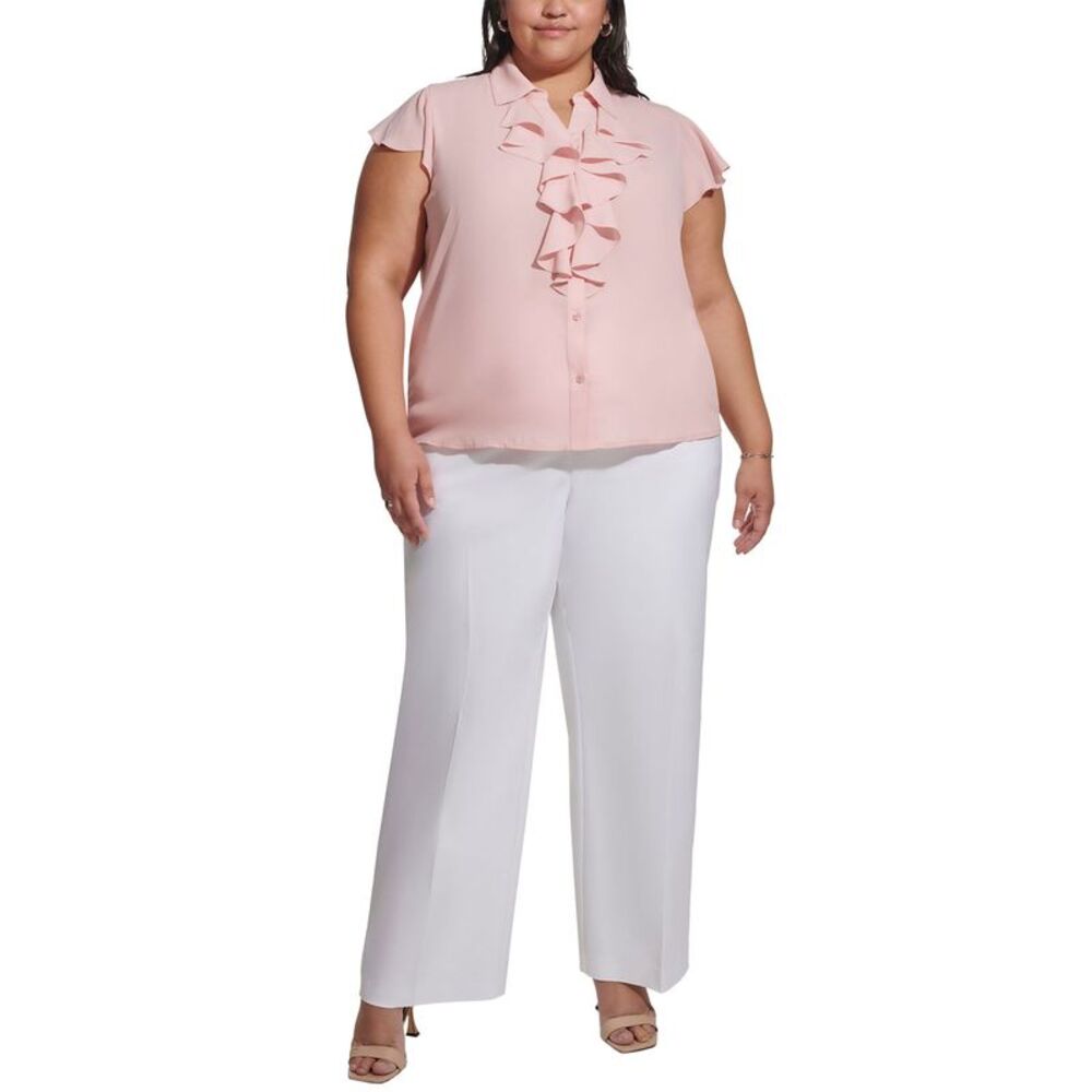 Calvin Klein Womens Plus Size Ruffle-Front Cap-Sleeve Top 1X Silver Pink NWY $69